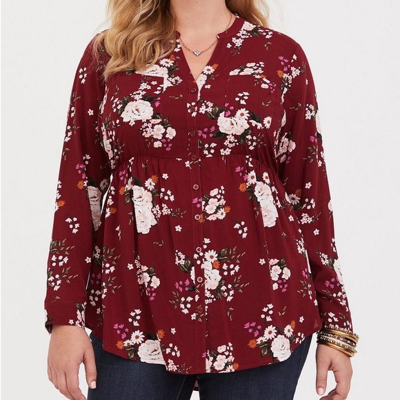 Torrid | Emma Babydoll Burgundy Floral Button-Front Tunic - Picture 1 of 12